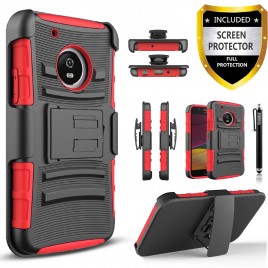 Motorola Moto G5 Plus Case, Dual Layers [Combo Holster] Case And Built-In Kickstand Bundled with [Premium Screen Protector] Hybird Shockproof And Circlemalls Stylus Pen (Red)